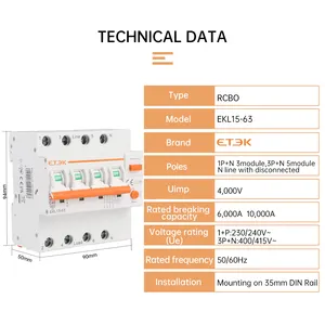 ETEK circuit breakers A type 30mA RCBO EKL15-63A ELCB 6KA low voltage C curve RCD miniature circuit breaker RCBO