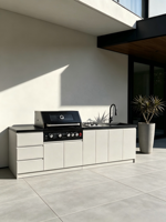 Îlot de cuisine extérieur naturel à texture diamantée, barbecue en acier inoxydable 5 brûleurs, plaque de cuisson 2 brûleurs, évier, armoire beige clair, grande taille