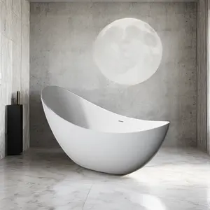 豪华独立式石材浴缸固体表面石材树脂浴缸哑光白色流行石材椭圆形浴缸