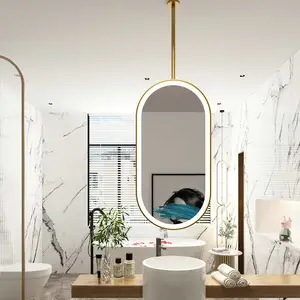 Hot sale wash basin suspended oval hanging mirrors from ceiling boom down lights mirror hotel smart lighted led bathroom mirror
