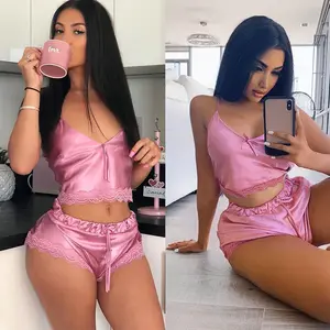 Ladies lingerie lace silk pajamas set pink camisole sleepwear 2pieces nightwear for women bathing wear