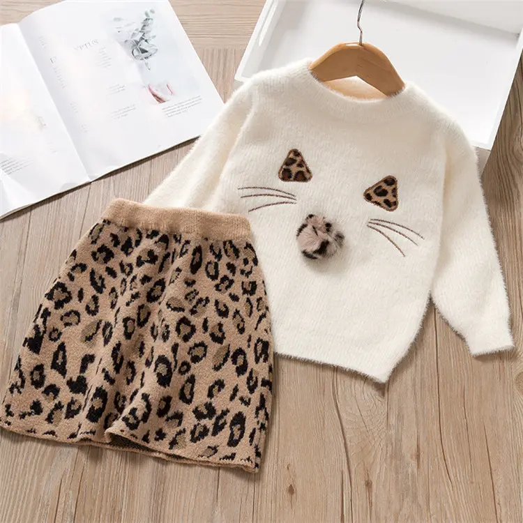 Girls' Clothing Sets Mink Wool Full Sleeve Pullover+Leopard Skirt 2Pcs Kids Fall Clothes Toddler Girl Clothes Set Warm
