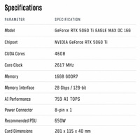 Nouvelle carte graphique de bureau GV-N506TEAGLEMAX OC-16GD 16 Go GDDR7 OC PCIe 5.0 avec refroidissement par ventilateur, 2617 MHz, mémoire 28 Gbit/s, DirectX 12