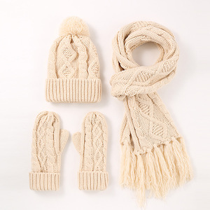 थोक महिला पुरुष ठोस रंग ऐक्रेलिक बुना बीनी टोपी 3 पीसी यूनिसेक्स स्कार्फ टोपी और दस्ताने सेट - Product Image 4