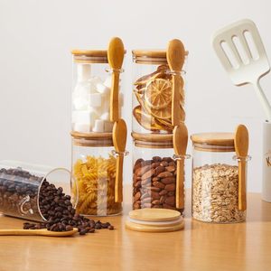 10oz Airtight Glass <b>Jars</b> Bamboo Lids Spoons Modern Detachable Reusable Kitchen Canisters Coffee Sugar Tea <b>Spice</b> Storage Stand - Product Image 2