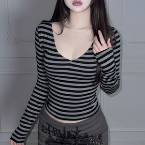 Camiseta de manga larga cruzada con espalda descubierta a rayas de bloque de Color para mujer Y2K Knit Slim Fit Top Casual Street Fashion Autumn Outfit - Product Image 2