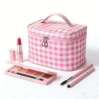 Trousse de Maquillage Rose à Carreaux Vichy avec Poignée, en Polyester Durable et Imperméable, Grande Capacité, Pochette de Voyage pour Articles de Toilette
