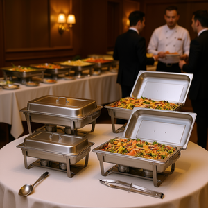 Ensemble de chauffe-plats en acier inoxydable 8 Qt, 6 pièces, pour buffet et traiteur, avec couvercle, support à combustible, plateau, pince à cuillère et plateaux de service pliants - Product Image 2