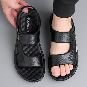 Sandalias Planas de Verano para Hombre, Punta Abierta, Primera Capa de Piel de Vaca, Suela de Goma Antideslizante, Zapatos Casuales de Playa - Product Image 2