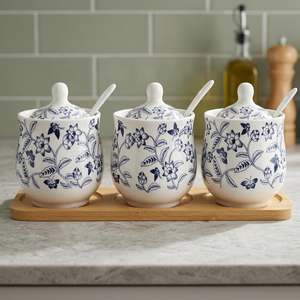 Blue White Floral Porcelain Vintage Eco-Friendly Sugar Bowl Lid <b>Spoon</b> Tray <b>Coffee</b> Salt Canister Set 3 9oz 200ml Kitchen - Product Image 3