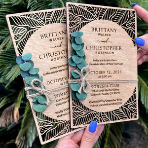 Cartes <span class=keywords><strong>d</strong></span>'invitation de mariage gravées au laser en bois, design artistique, cadeaux souvenirs pour invités, OEM ODM - Product Image 2
