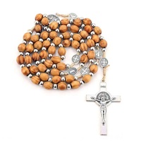 Collier pendentif croix en pin naturel, chapelet catholique en bois, croix religieuse chrétienne, exorcisme, plaqué argent, cadeau