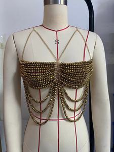 Top Brillante con Cuentas de Color Caramelo para Fiesta y Club, Ropa 2025, Top sin Mangas con Cadenas Corporales - Product Image 2