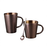 Mug à double paroi en acier inoxydable 304, tasse à café martelée or rose avec poignée et cuillère pour la maison, le café et la vente en gros de café, thé, lait