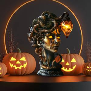 Statue de Buste de Méduse avec Lumières LED, Monstre Mythique, Ornement en Résine Gothique, Décoration et Accessoires Amusants pour Halloween - Product Image 4
