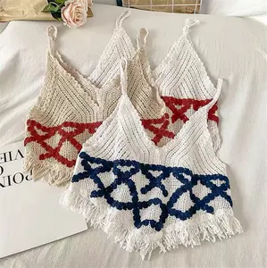 S8812 débardeur d'été en maille sans manches col en V ajouré caraco chemise Crochet à la main pull gilet pour femmes