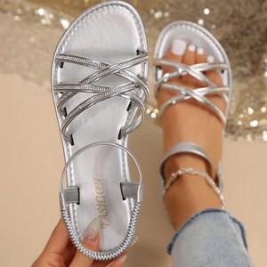 Sandalias de playa transpirables con suela de goma y pedrería, de suela plana, con tira elástica, para mujer, tallas grandes, novedad de verano. - Product Image 2
