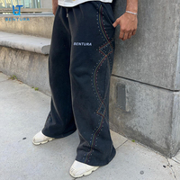 Pantalon de survêtement vintage à jambes larges avec logo brodé personnalisé BENTURA, lavage à l'acide, coton de haute qualité