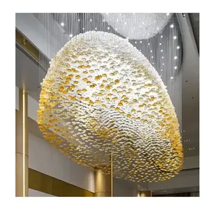 Lámpara de araña de cristal K9 colgante de Flor de Oro de cristal con forma de cúpula de techo alto con iluminación LED grande y moderna personalizada para vestíbulo de hotel