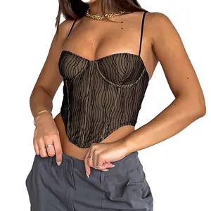 Frauen Spitze Korsetts Tank Crop Tops Sexy V-Ausschnitt Ärmel los Durchsichtig Mesh Camis Bustiers Y2K Weiblich Gestreifte Mini Weste