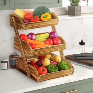 High Quality Elegant Pine Wood and Bamboo Fruit <b>Basket</b> 3 Tier Level Organizer Rack Kitchen <b>Storage</b> Eco-Friendly Multipurpose Use - Product Image 5