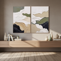 Grande Peinture à l'Huile Abstraite Texturée Faite à la Main sur Toile Beige Vert Noir, Diptyque Moderne pour Mur Intérieur, Taille Personnalisable