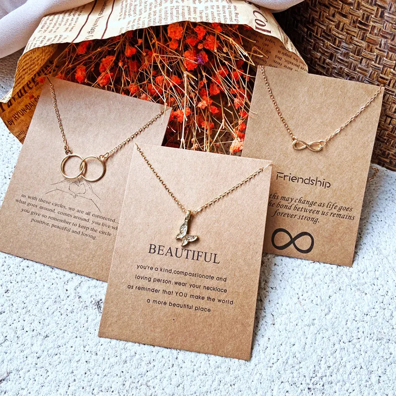 New Arrival Vintage Card Pendant Thin Chain Dainty Double Circle And Butterfly Friendship Jewelry Necklace For Women Gift