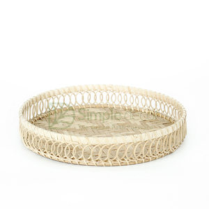 Natural Eco Friendly Round Rattan Bamboo Swirl Pattern Seving Tray with Handle Storage Decorative Trays