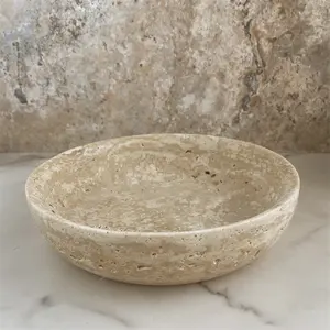 Vintage Beige Travertine Marble Home Hotel Decoration Religious Round Ornament Bowl Travertine Stone Fruit Plate