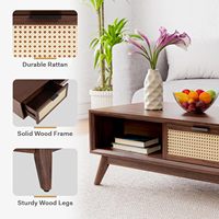 Table basse moderne en bois massif avec rangement, design accent rotin, parfait pour le salon, noyer, moyen