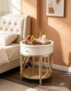 White & Gold Round End <b>Table</b> with <b>Drawer</b> and Shelf Modern Living Room Accent <b>Side</b> <b>Table</b> - Product Image 2