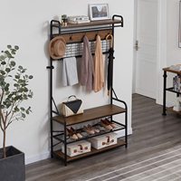 Porte-manteau industriel d'entrée avec banc de rangement pour chaussures, étagère et crochets, meuble en bois avec cadre métallique