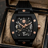 Montre mécanique squelette tonneau avec cadran tête de mort, bracelet en silicone or rose, montre-bracelet automatique pour homme, idéale pour le quotidien et les soirées