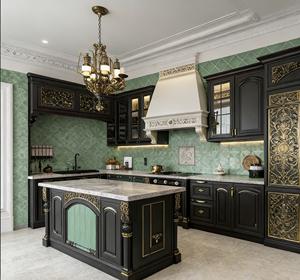 Armoires de cuisine opulentes noires et dorées - Meubles de style baroque avec des détails ornés et une organisation de rangement intégrée - Product Image 1