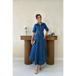 Vestido Azul Vaquero, Corte en A, Cuello Camisero, Bolsillos Laterales, Lavable, Estilo Simple para Mujer - Product Image 3