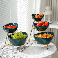 Ensemble de plateaux à fruits en porcelaine à trois étages de style européen avec cadre en fer amovible pour les voyages - Bol à dessert et à bonbons écologique