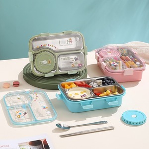 Cute Rectangle Stainless Steel Lunch Box 3 Compartments Portable Bpa Free Leak Proof Food <b>Container</b> with Clear <b>Lid</b> and Soup Jar - Product Image 2
