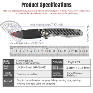 Couteau pliant <span class=keywords><strong>à</strong></span> manche en alliage de titane, système Liner Lock, acier 14C28N, pour <span class=keywords><strong>la</strong></span> chasse, <span class=keywords><strong>le</strong></span> camping et les activités de plein air - Product Image 6