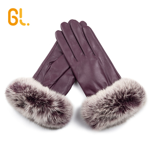 GL50 şarap kırmızı moda kürk süsleyin bayanlar toptan elbise özel kuzu derisi deri kış eldiven kadın - Product Image 2