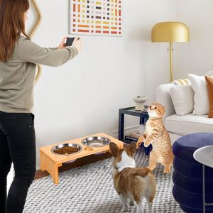 Bambu Pet <span class=keywords><strong>Stand</strong></span> com antiderrapante <span class=keywords><strong>Dog</strong></span> <span class=keywords><strong>Bowl</strong></span> Aço Inoxidável Material impermeável Design Eco-Friendly madeira portátil - Product Image 4