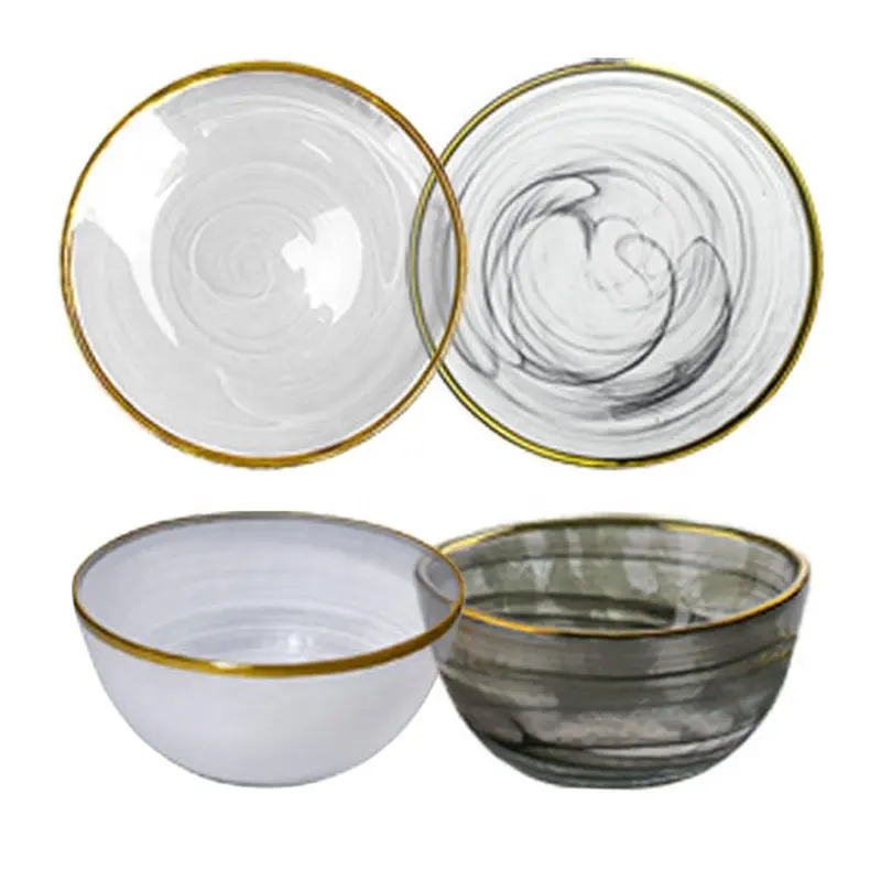 골드 림 중국 잉크 페인팅 패턴 유리 충전기 그릇 다이닝 서빙 접시 라운드 접시 세트 클래식 투명 그릇