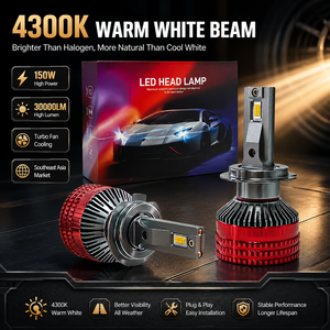 Faros LED para Auto de 150W y 30000LM, 4300K Blanco Cálido, Bombillas H4 <span class=keywords><strong>H7</strong></span> H11 para la Temporada de Lluvia del Sudeste Asiático, Tubo Doble de Cobre, XVIEW OEM - Product Image 1