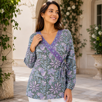 Chemisier en coton personnalisé pour femme, manches longues, col en V, imprimé floral, tunique portefeuille, style bohème, vert et violet, fabricant de vêtements en coton