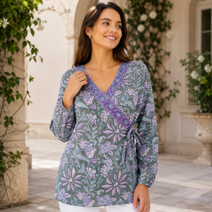 Chemisier en coton personnalisé pour <span class=keywords><strong>femme</strong></span>, manches longues, col en V, imprimé floral, tunique portefeuille, style bohème, vert et violet, fabricant de vêtements en coton - Product Image 4