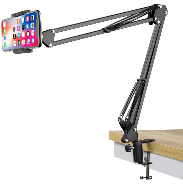 Factory Supply Portable 360 Rotation Metal Long Arm Tablet Stand Adjustable Mobile Device Holder with Desk Bed Clip Bracket
