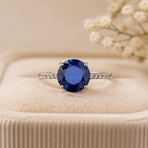Bague de fiançailles solitaire en argent sterling 925 avec saphir bleu royal taille ronde, bande d'accentuation, bijoux fins pour femme - Product Image 2