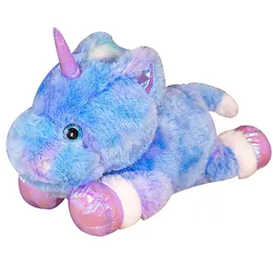 40/55/60 cm lovely glitter big eyes plush rainbow color lie posture unicorn stuffed animal soft toy with closed angel on head