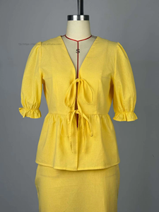 Women's Summer New <b>Bubble</b> Sleeve V-neck Tie <b>Tops</b> High Waisted Skirt 2 Piece Set Fashion - Product Image 4