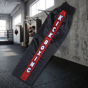 Pantalon de kickboxing taille haute noir à rayures rouges en polyester unisexe – Tenue d'arts martiaux durable pour l'entraînement - Product Image 5