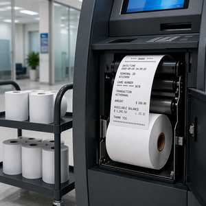 Rouleau de papier ATM 57x50mm, rouleau de reçus bancaires, vente en gros, fabricant chinois, 35-80GSM, pâte de bois, usine OEM - Product Image 1